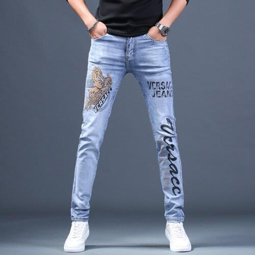 Spring summer 2020 European station mens printed jeans mens brand trend slim feet casual jeans embroidery pencil pants