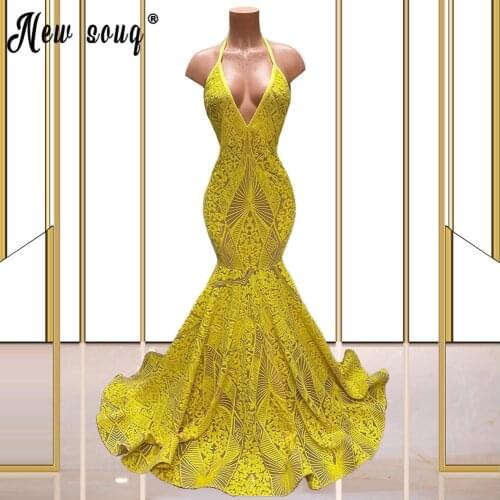 Yellow Mermaid Prom Gown for Black Girls Sexy Halter Evening Dresses African Women Graduation Dress Formal Gala Evening Gowns