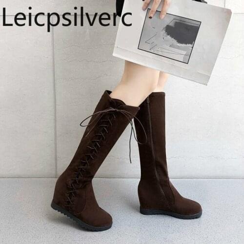 Womens Boots The New winter fashion Round head zipper Internal increase mid heel High tube Womens shoes plus size 33-43 black