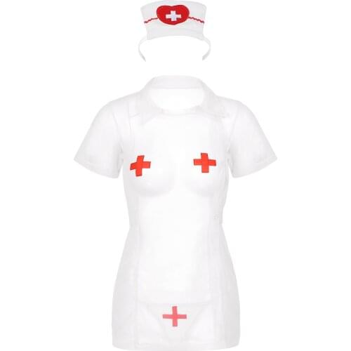 Womens See-Through Mesh Nurse Cosplay Lingerie Sexy Costumes Turn-Down Collar Button Down Babydoll with Head Band G-String