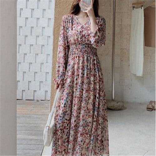 Big Size Elegant Spring Summer Dress For Women Chic V-neck Floral High Waist Female Dress 2021 Floral Chiffon Vestidos Femme 291
