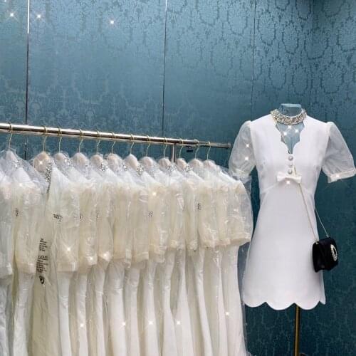 Heavy industry rhinestone French styel puff sleeve dress women V-neck slim a-line party dress