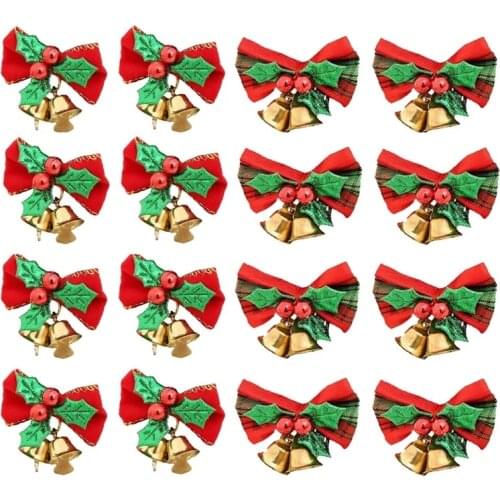 16 Pack Hot Sale Christmas Bow With Bells Xmas Mini Bowknot Craft Gift Ornament Christmas Tree Hanging Decor Dropshipping Items