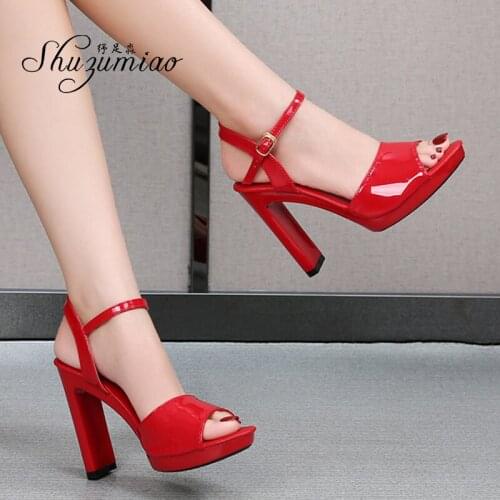 Shuzumiao Sandals Women 2020 Summer Fashion Patent Leather Women Shoes Solid Color Square Heel High Heels11cm Ladies Party Shoes