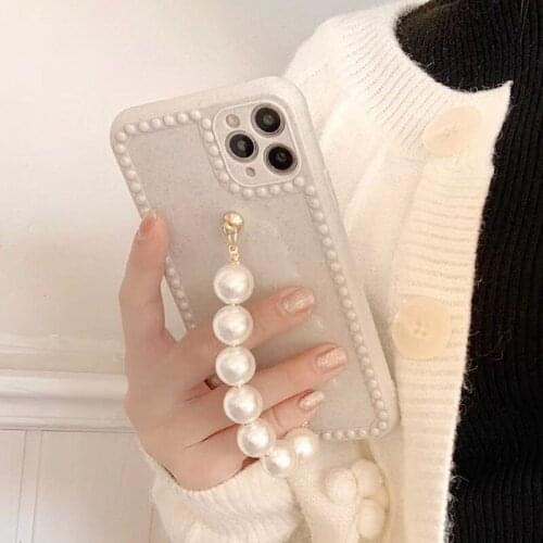 Wrist Chian Cute Pearls Strap Phone Case For iPhone 12 ProMax mini 11 Promax XMAX XR 7 8 Plus Love Heart Frame Soft TPU Cases