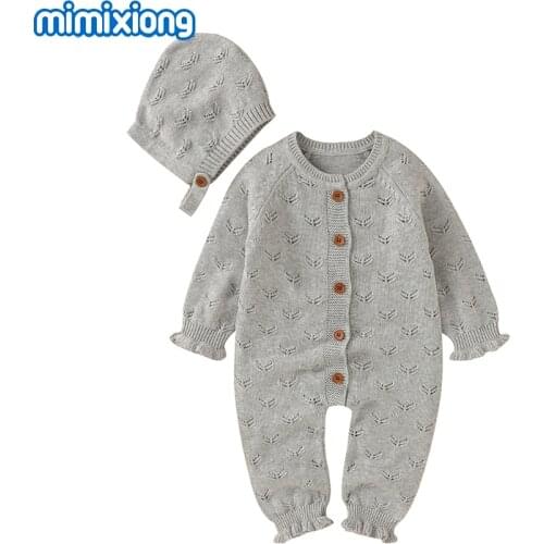 Baby Rompers Hats Sets 100%Cotton Knitted Newborn Boy Girl Jumpsuits Outfits Toddler & Infant Unisex Solid Sweaters Clothes 2pcs