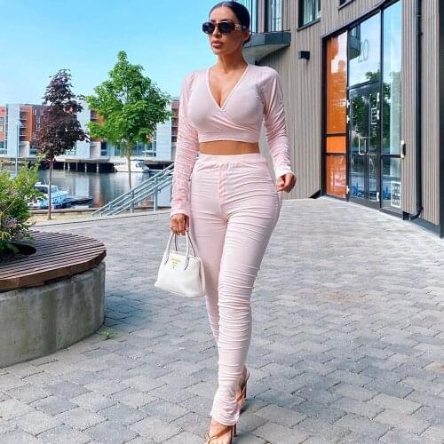 Autumn 2 Piece Set Women Outfits Stacked Pants Leggings Crop Top and Pants Bandage Bodycon Two Piece Set Sexy Club Matching Sets