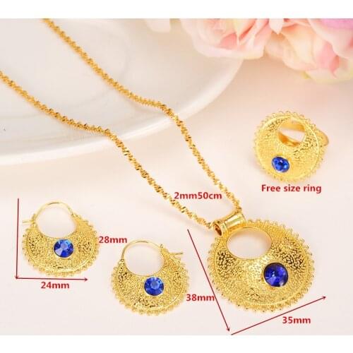 Ethiopian Set Jewelry Pendant Earrings Ring Bangle 24 k Yellow Solid Gold FINISH CZ Green Blue Africa Bride Wedding Eritrea