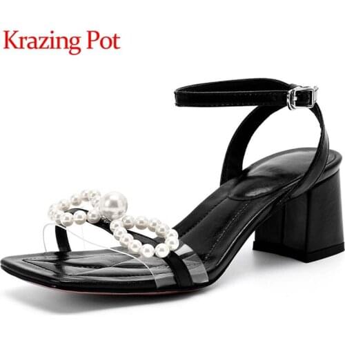 Krazing pot genuine leather square toe high heels pearl sweet Princess style fairly energy buckle straps mules sandals women L13