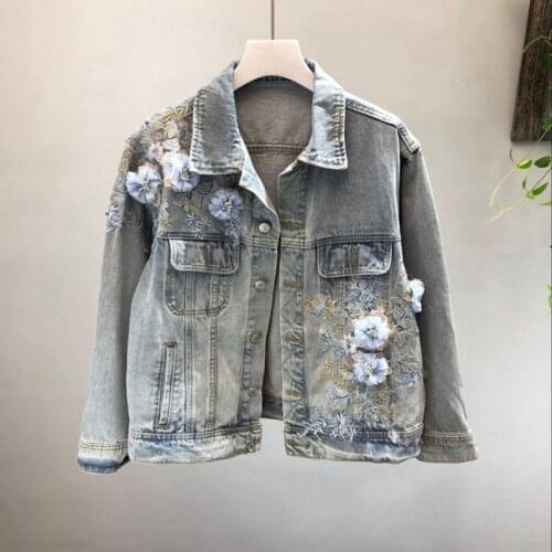 Beading Appliques Denim Jacket Women Loose Fashion Harajuku Female Coat Turn-Down Collar Single Breasted Jeans Jacket Ladies New