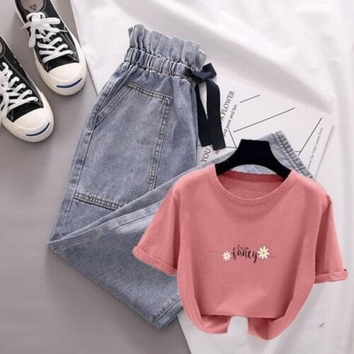 Summer New Style Short-sleeved Round Neck Blouse High Waist Elastic Jeans Two-piece Fashion Suit Women