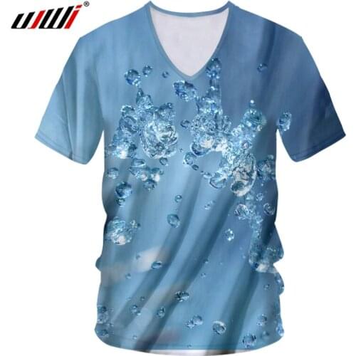 UJWI New Mens 3D Printed Simple Blue Water Drops V Neck Tshirt Man Favorited Personality Oversized Sports Tshirt 5XL