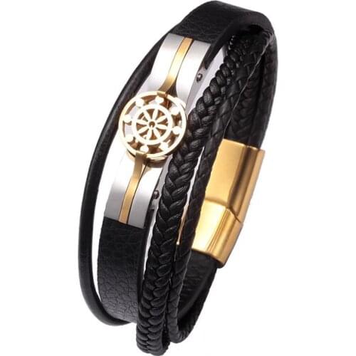 New Fashion Genuine Leather Sporty Charm Bracelets Men Male Jewelry Classic Anchor Stainless Steel Chain Link Cuff Bangles
