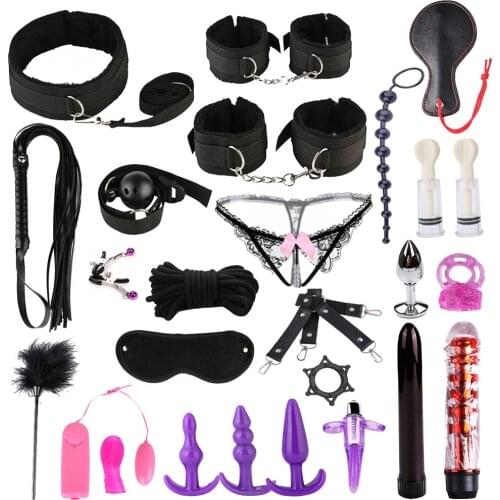 26pcs BDSM Bondage Set Women Men Sex Toys Fetish Sex Kit Whip Nipple Clamps Anal Plug Mouth Gag Plush Handcuffs Adult Game Toys