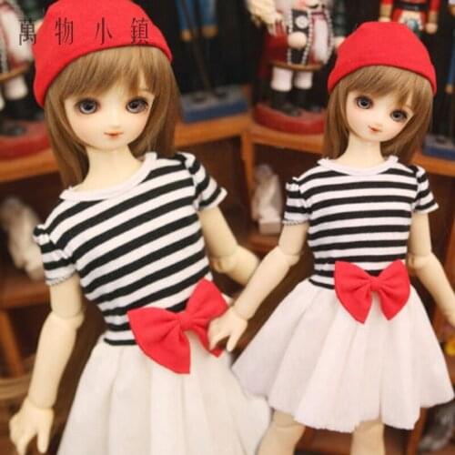 New BJD Doll Clothes Lovely Stripe Dress Red Hat Black and white striped white pompadour skirt For 1/3 1/4 DDM Doll accessories