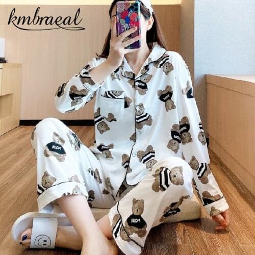 Pajamas for Women Cotton Long-Sleeved Trousers Homewear Cartoon Bear Print Ladie Two-Piece Soft Sleepwear Korean Pus Size 2xl