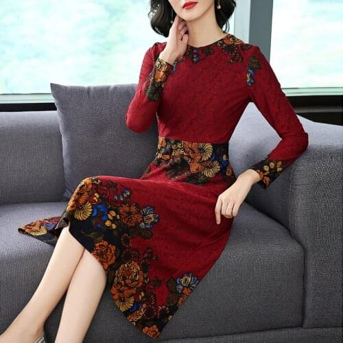 Slim Fit Autumn Elegant Ladies Dress Jacquard Printed Floral Vintage Dresses Long Sleeve O-Neck A-Line Midi Vestidos