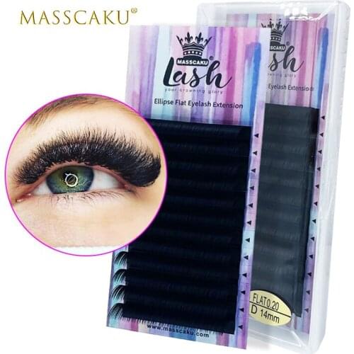 Fast shipping 12rows/cases C D curl faux mink flat lash premium eyelash extension matte beautiful ellipse flat with colored box