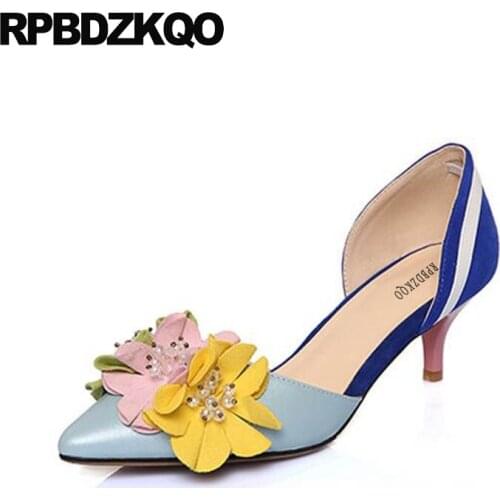 Women Shoes Pointed Toe Catwalk High Heels Suede Floral D'orsay Summer Sandals Flower Dress Colourful Thin Pumps Royal Blue