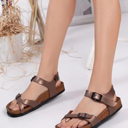 Womens Bronze Double Buckle Sandals summer casual stylish design pool beach new fashion trend product
