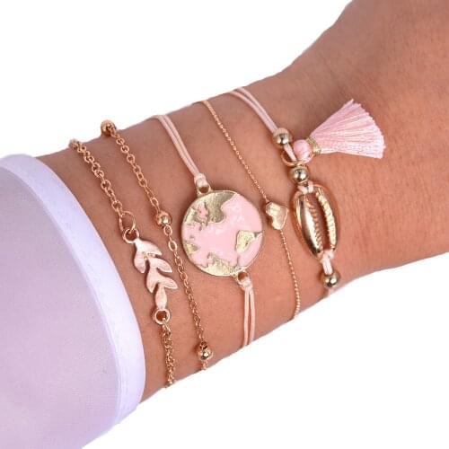 Bohemian Pink Enamel Earth World Map Tassel Shell Heart Bead Gold Color Chain Bracelets Bangles for Women