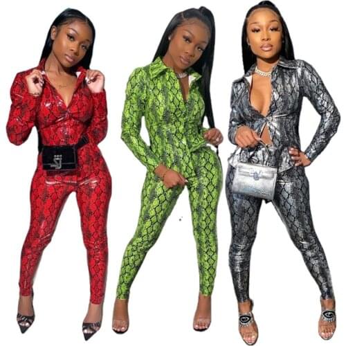 Casual Snake Print Women Jumpsuit Full Sleeve Front Zipper Bodysuit Long Rompers Womens Jumpsuit Overalls