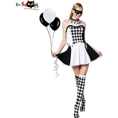 Eraspooky White Black Plaid Jester Cosplay Halloween Costume For Women Sexy Circus Clown Lady Christmas Party Fancy Dress
