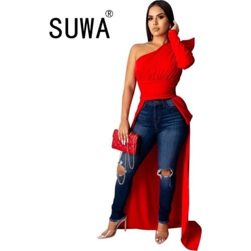 Autumn Women Solid Color One Shoulder Puff One Long Sleeve Skew Neck Irregular High Low Maxi T-shirt Dress 6 Color