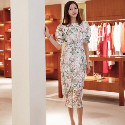 2021 New Fashion Korean Style Temperament Summer Dress Womens Short Sleeve Slim Mid-Length Print Dress Vestidos