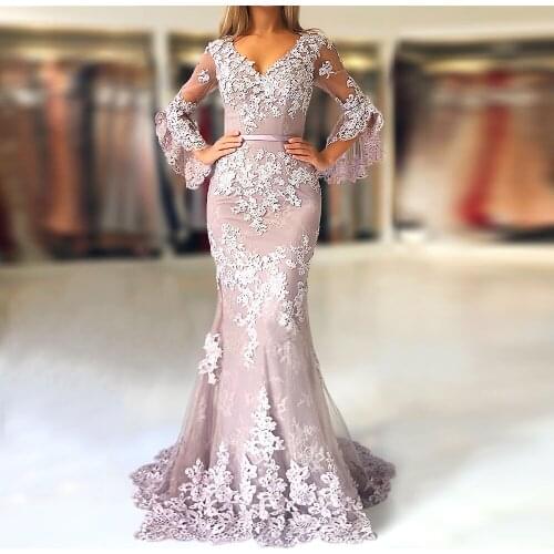 New High Quality Embroidery Lace Evening Dress V Neck Ruffle Sleeves Sheer Illusion Beaded Mermaid Prom Gowns robe de soiree