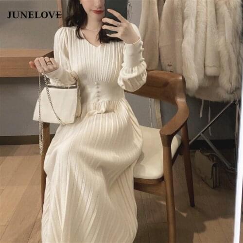 JuneLove Knitted Dress Women Casual Long Sleeve Vintage Elegant OL Sweater Dress Female Spring Dress Korean Fashion Vestidos
