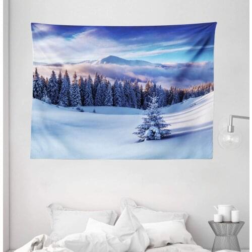 Winter Tapestry Scenery With High Mountain Peaks And Snowy Coniferous Pine Trees Wall Hanging For Bedroom Living Room Dorm