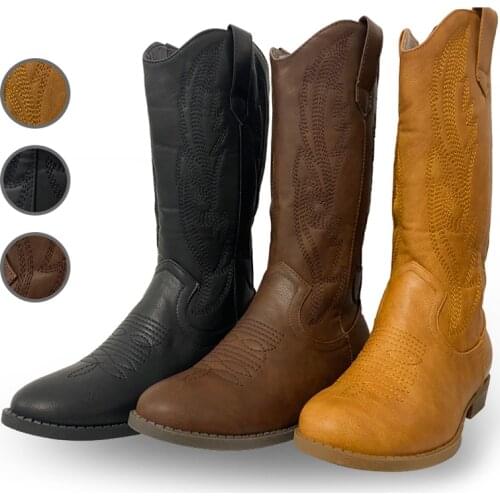 2021 Womens Fashion Western Cowgirl Boots Vintage Motorcycle Riding Boots Thick High Heel Leather Boots Plus Size 35-43