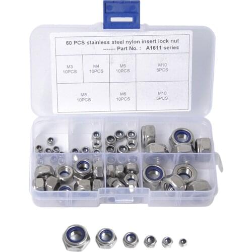 304 Stainless Steel Lock Nut Assortment 60 Pcs, M3 M4 M5 M6 M8 M10 Nylon Insert Lock Nuts