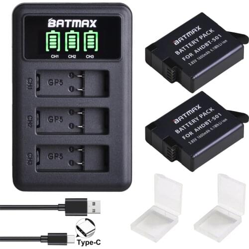 2Pc For GoPro Hero7 6/5 Battery Akku+ USB LED 3-Port Charger with Type C Port for GoPro Hero 7 hero 6 hero 5 Camera Batteris