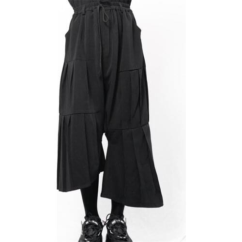 Yamamoto style wide-leg culottes irregular asymmetrical black folding loose large size Haren pants