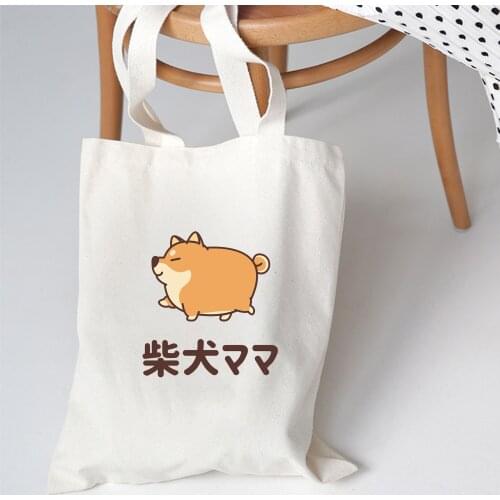 Women Japan Style Canvas Shoulder Tote Bag Chic Cute Corgi Printed Shopping Bags Female Handbag Reusable Shopper Bag Tote Bags