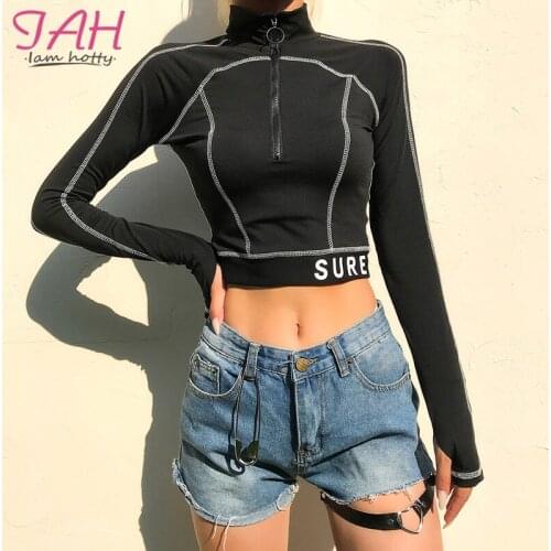 IAMHOTTY Line Striped Zipper Womens T Shirt Tops Sporty Slim Waist Skinny Tee Shirt Femme Turtle Neck Long Sleeve Crop Top Track