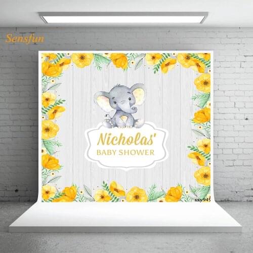LEVOO Custom Backdrop Baby Shower Elephant Flowers Wooden Photography Background Photophone Photo Studio Photo Props Photocall