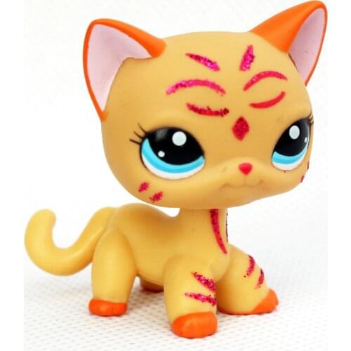 LPS CAT Real original pet shop toys #2118 yellow animal short hair cat blue eyes purple glitter sparkle standing