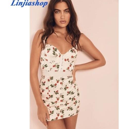 Fashion new floral print dress women french vintage spaghetti strap stylish backless zipper chic mini dress femme vestidos