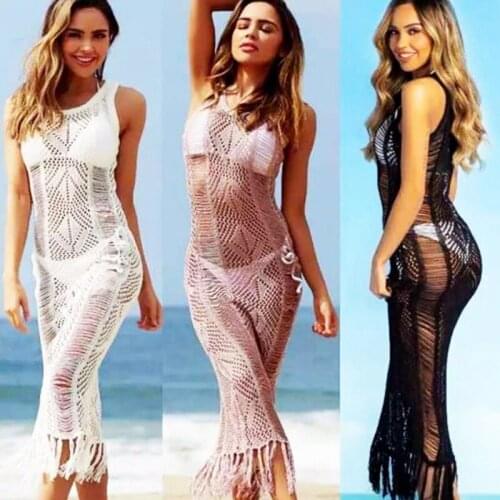 Fashion Womens Swimwear Beach Cover Up Dress Fringed Hollow See Through Crochet Knit Bikini Cover Ups Long Robe Playa Swimsuit
