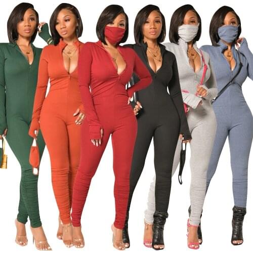 Solid Ribbed Skinny Rompers Womens Jumpsuit 2021 New Trendy Deep V Neck Long Sleeve Ribbed Overall Zipper Up Stretchy Bodysuits