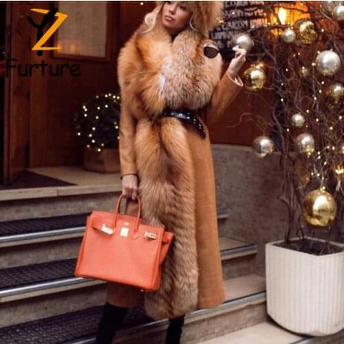 Luxury Woolen Long Coat With Red Fox Fur Thick Collar Women Natural Sheepskin Overcoats Winter Warm Fashion Real Fur Topcoats