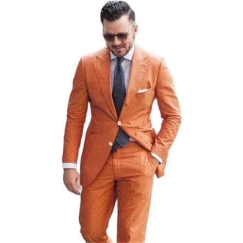 Casual Two Butto Orange Men Suit High Quality Groom Tuxedos Bridegroom Suits Custom Made Blazer For Man (Jacket+Pant+Tie)