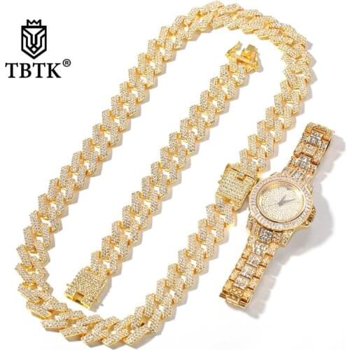 TBTK NE+BA 20mm Miami Prong Zinc Alloy Cuban Chain 3 Row Rhinestones Necklace Bracelet Watch Hiphop Jewelry Sets Punk Men Gift