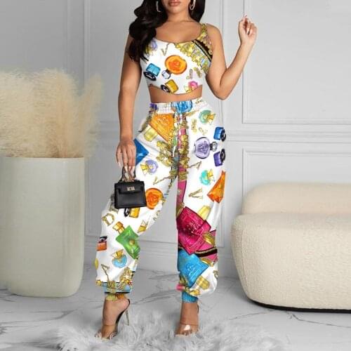 Women Two Piece Sets Sleeveless Printed Crop Tops + High Waist Sweatpants Suits Summer Autumn Fashion Sports Suits