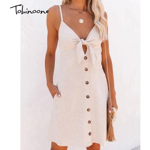 Tobinoone Spaghetti Strap Single Button Dresses For Women 2021 V Neck Bow Hollow Mini Dress Casual Backless Sleeveless vestido