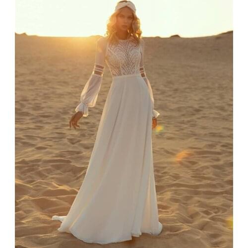 Bohemian Wedding Dress 2021 Vintage Long Sleeve Chiffon Floor Length Pleat Lace Gorgeous For Women Simple Beach Cheap Beach