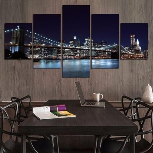5 Panel Large Poster HD Printed Painting New York Bridge Night Canvas Print Art Home Decor Wall Art Pictures for Living Room